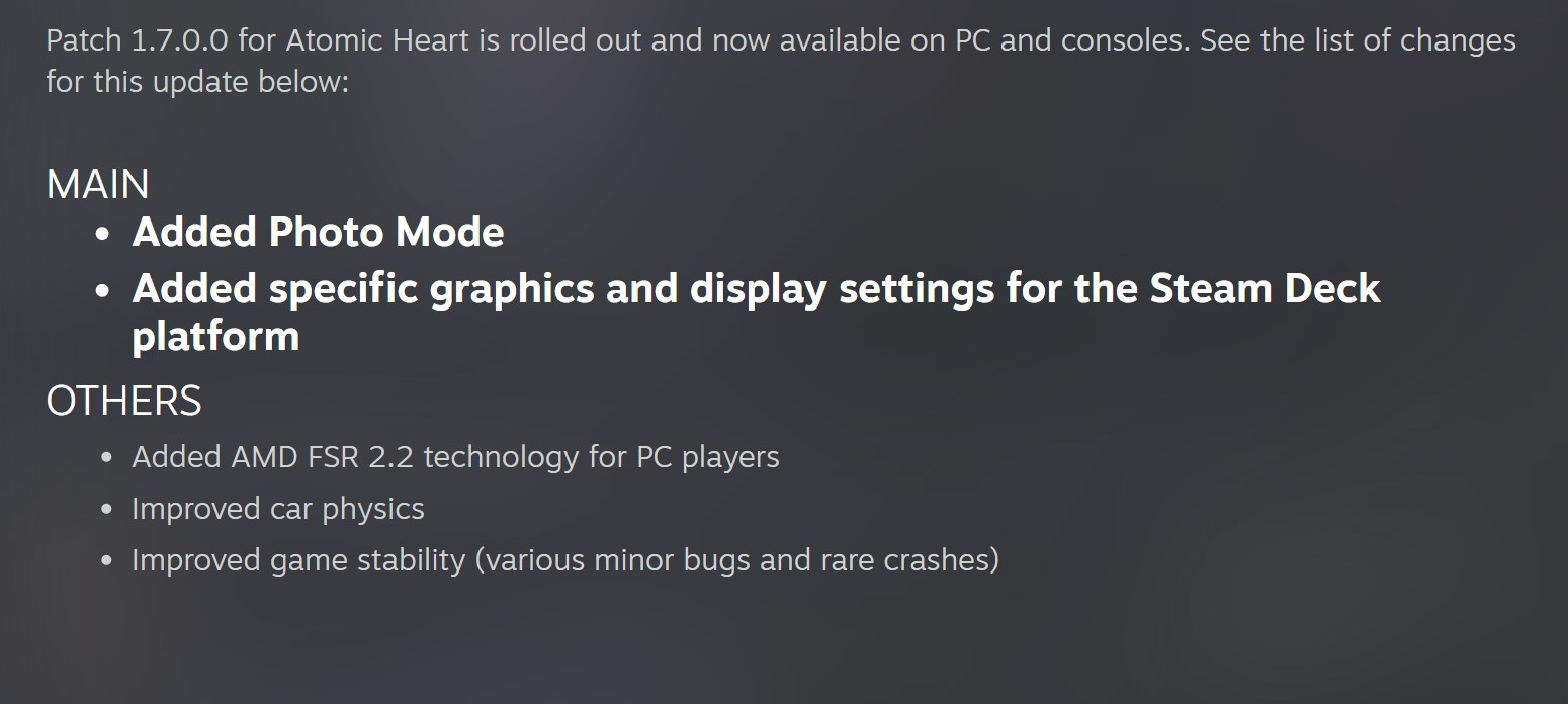 Atomic Heart patch notes