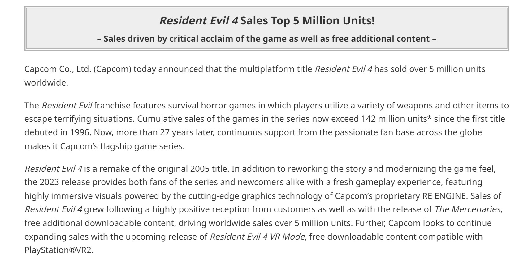 Resident Evil 4 remake sales