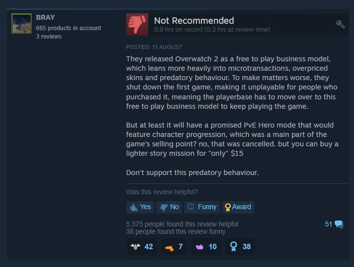 An Overwatch 2 Steam review detailing the major issues with the game.