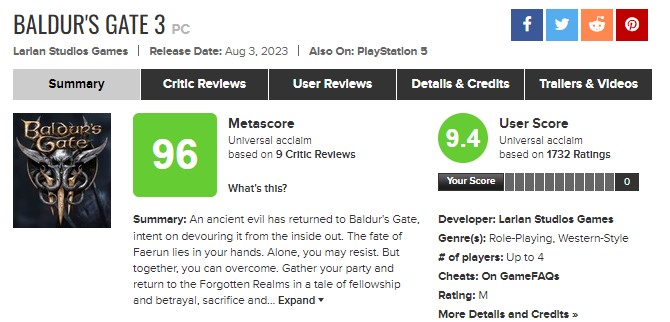 Baldur's Gate 3 Metascore