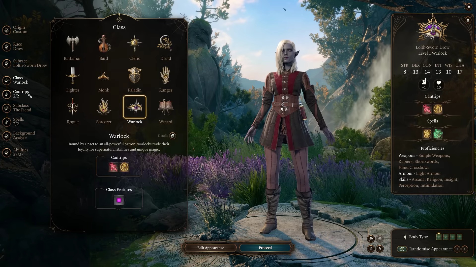 Warlock class inside character creation menu BG3