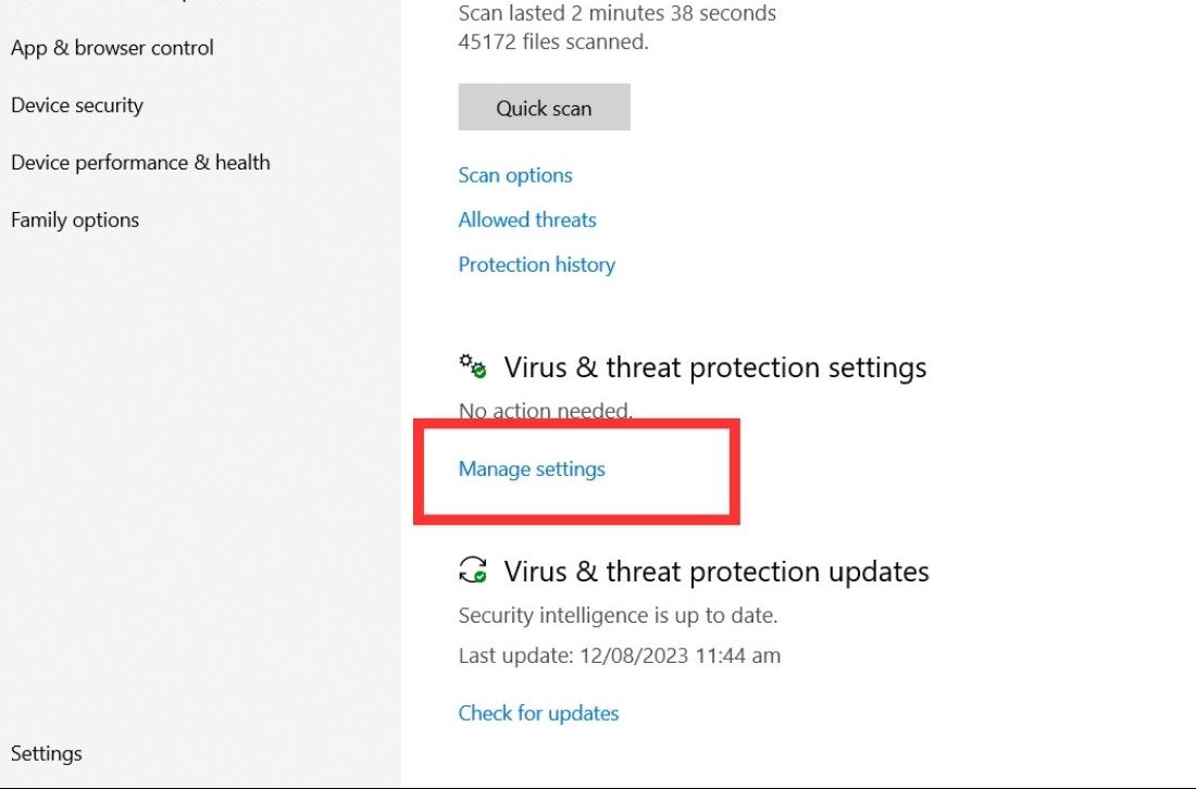 Manage Settings to add exceptions to windows defender