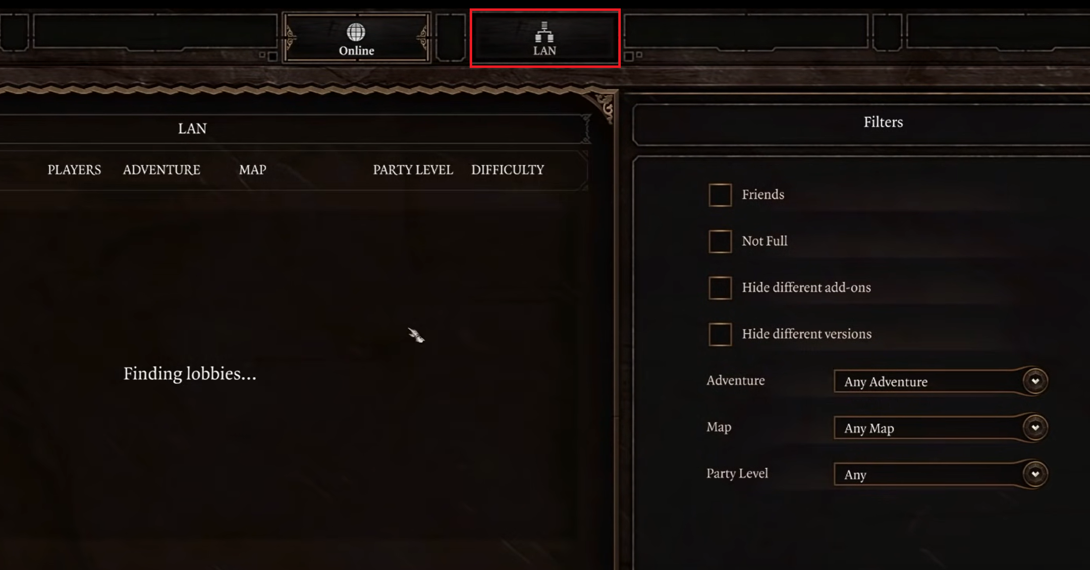 Selecting Lan from Multiplayer Menu