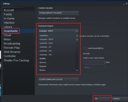 change steam download regions to solve corrupt download files