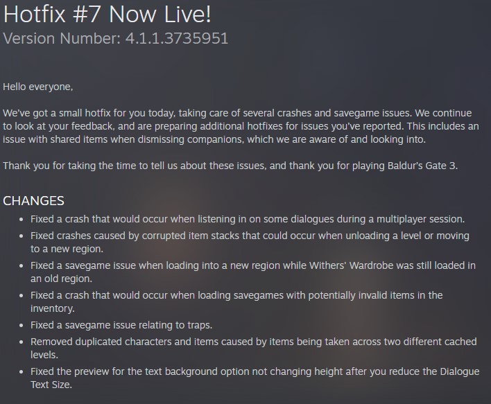 Baldur's Gate 3 Hotfix #7