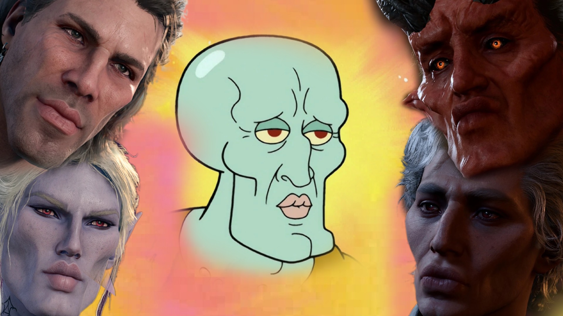 Baldur's Gate 3 characters changed to look like Handsome Squidward.