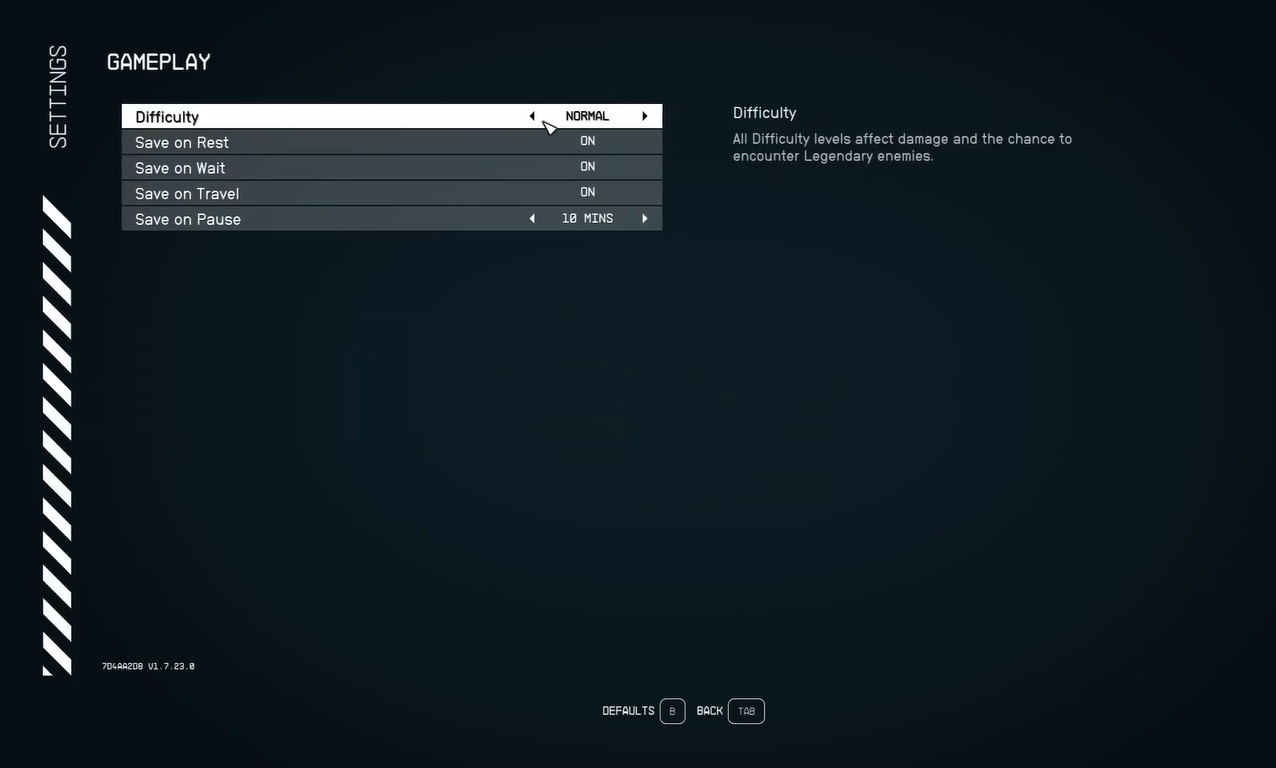 Difficulty settings in starfield