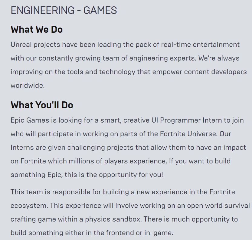 Fortnite open-world survival game mentioned in Epic Games job listing