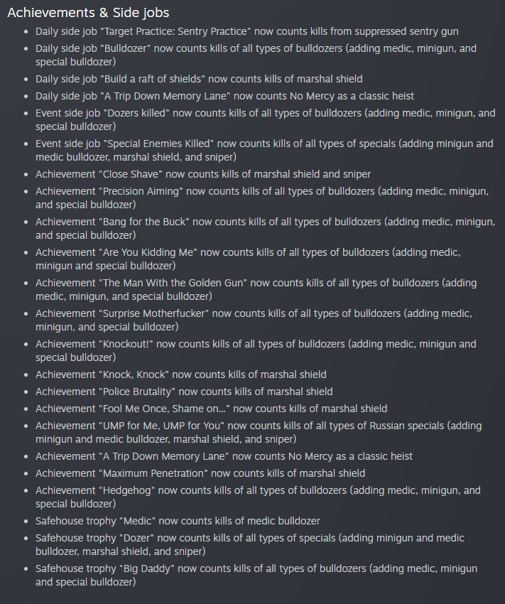 Payday 2 Update 240 Changelog - Achievements & Side Jobs