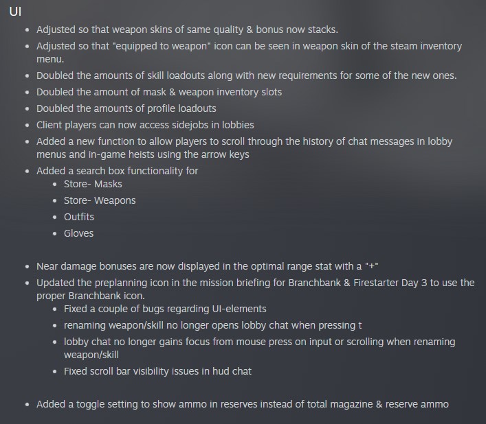 Payday 2 Update 240 Changelog - UI Changes