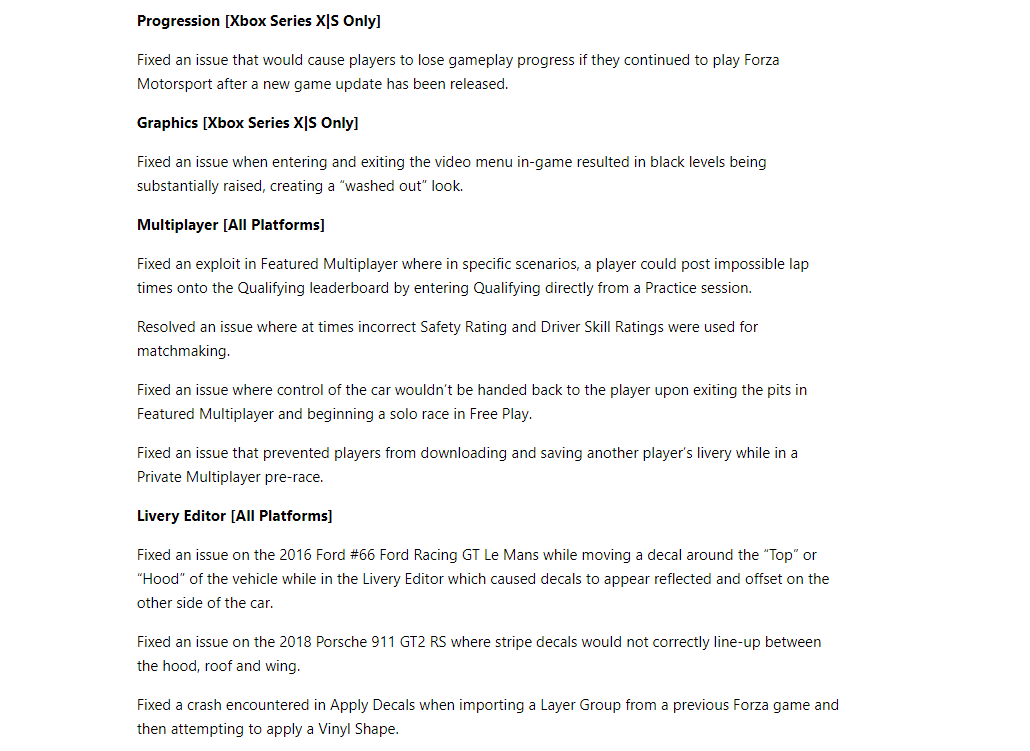 Forza Motorsport Update 1.0 Patch Notes