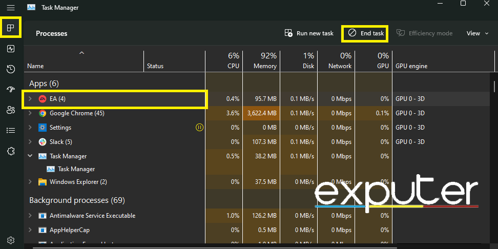 Task Manager to end EA tasks