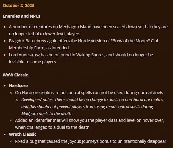 World of Warcraft - Hotfix October 2