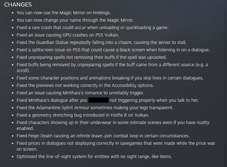 The changes, according to the patch notes.