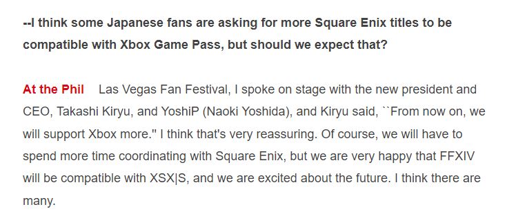 Phil's statement regarding Square Enix titles and their compatibility with Xbox Game Pass. (Via Google Translate)