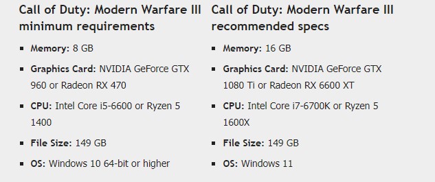 mw3 system requirements comparison