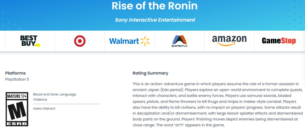 Mature ESRB rating for Rise of the Ronin