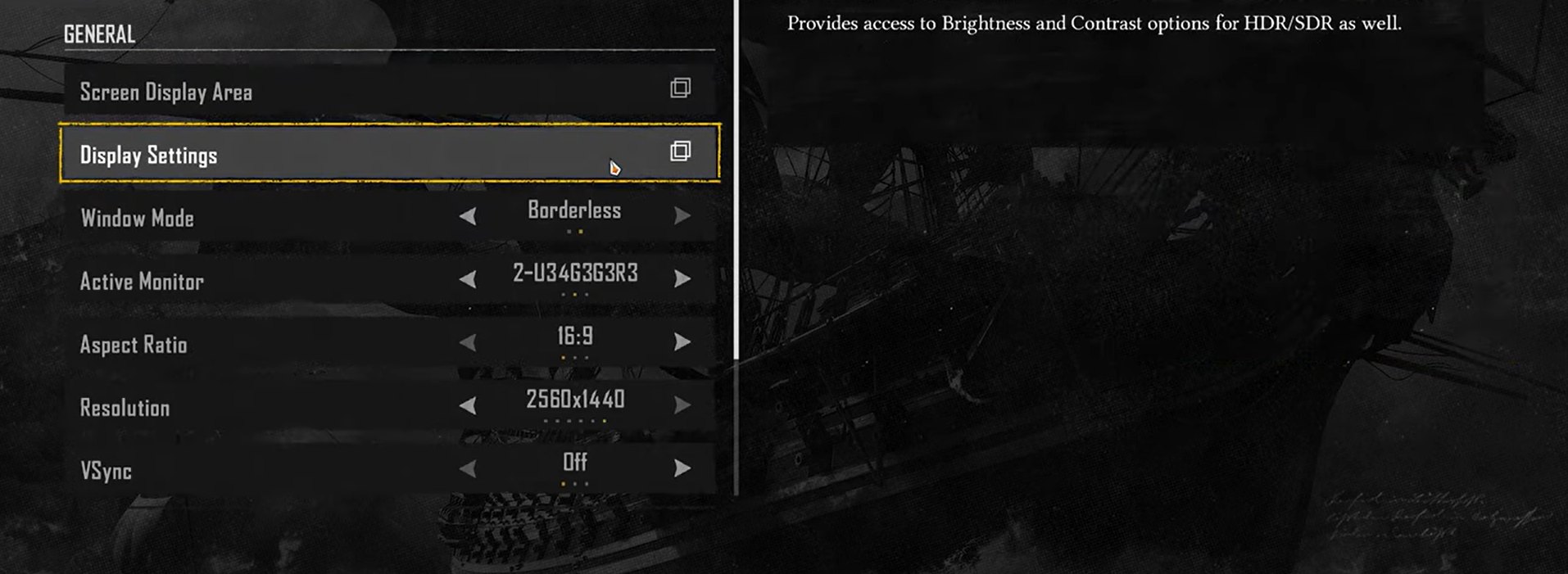 screen showing general settings for skull and bones