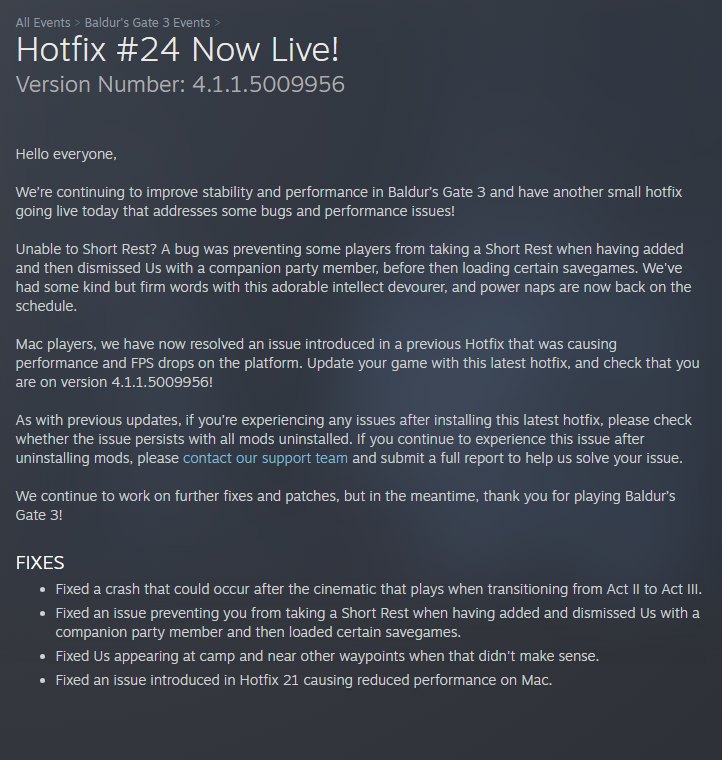 Hotfix 24's Patch Notes for Baldur's Gate 3