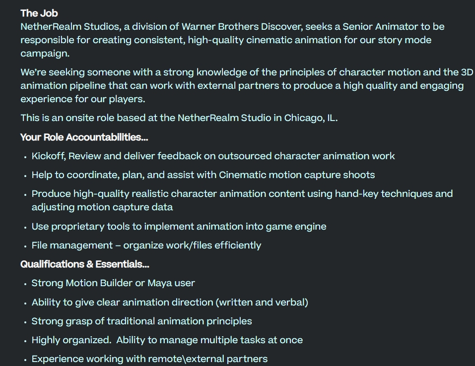 The listing for Senior Animator, Cinematics wants the dev to create story content for a campaign | Image Source: NetherRealm Studios