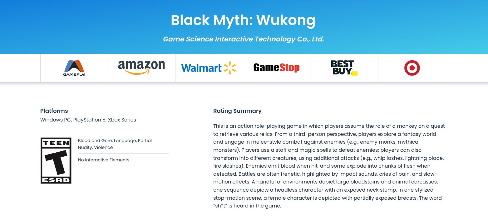 Black Myth: Wukong ESRB Rating