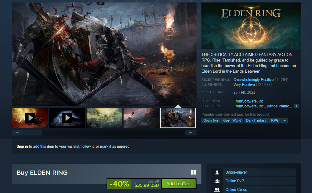 Elden Ring Enjoying a Cool 40 Off on Steam