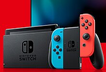 The Nintendo Switch and its screen in front of a red background.