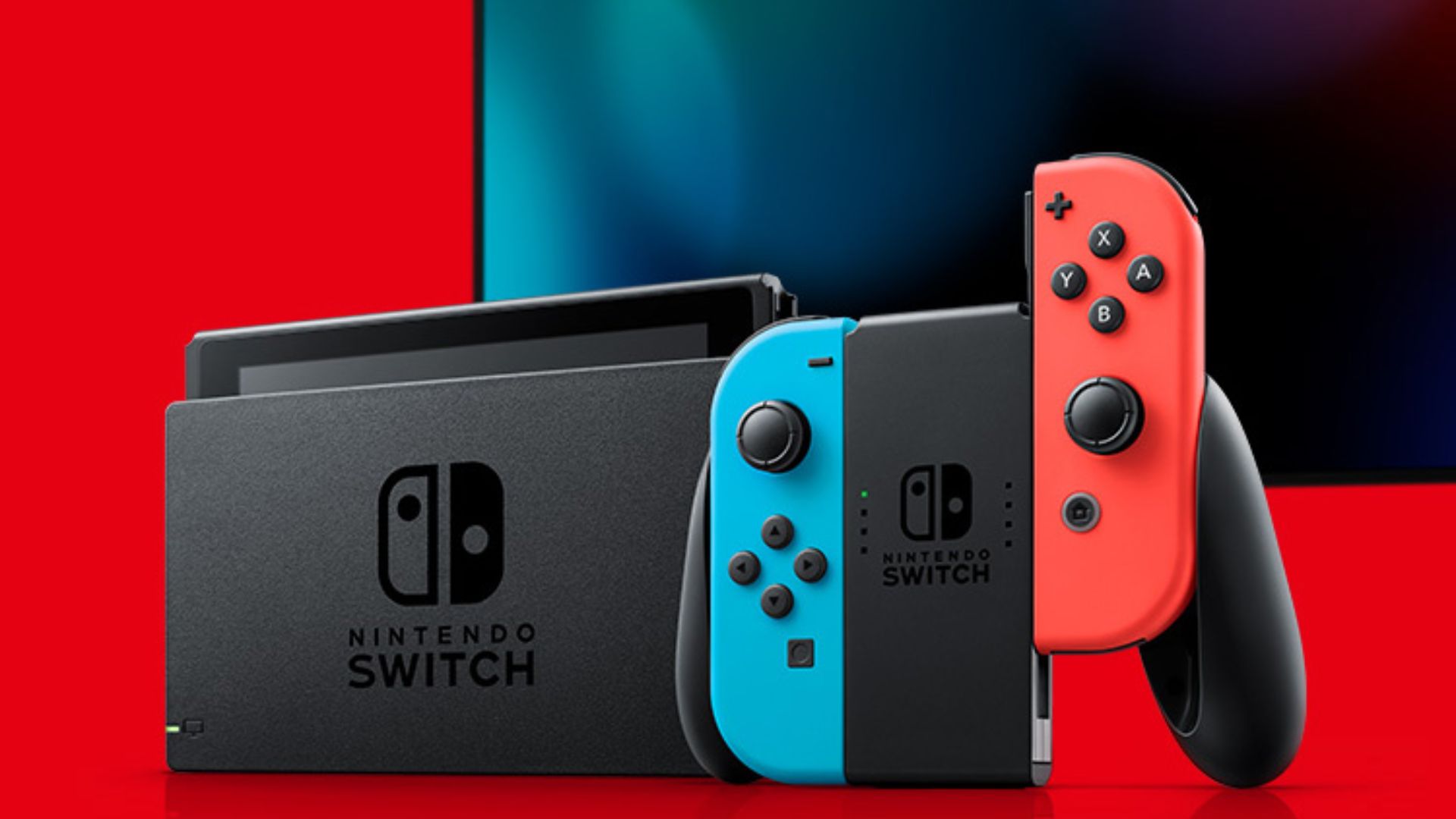 The Nintendo Switch and its screen in front of a red background.