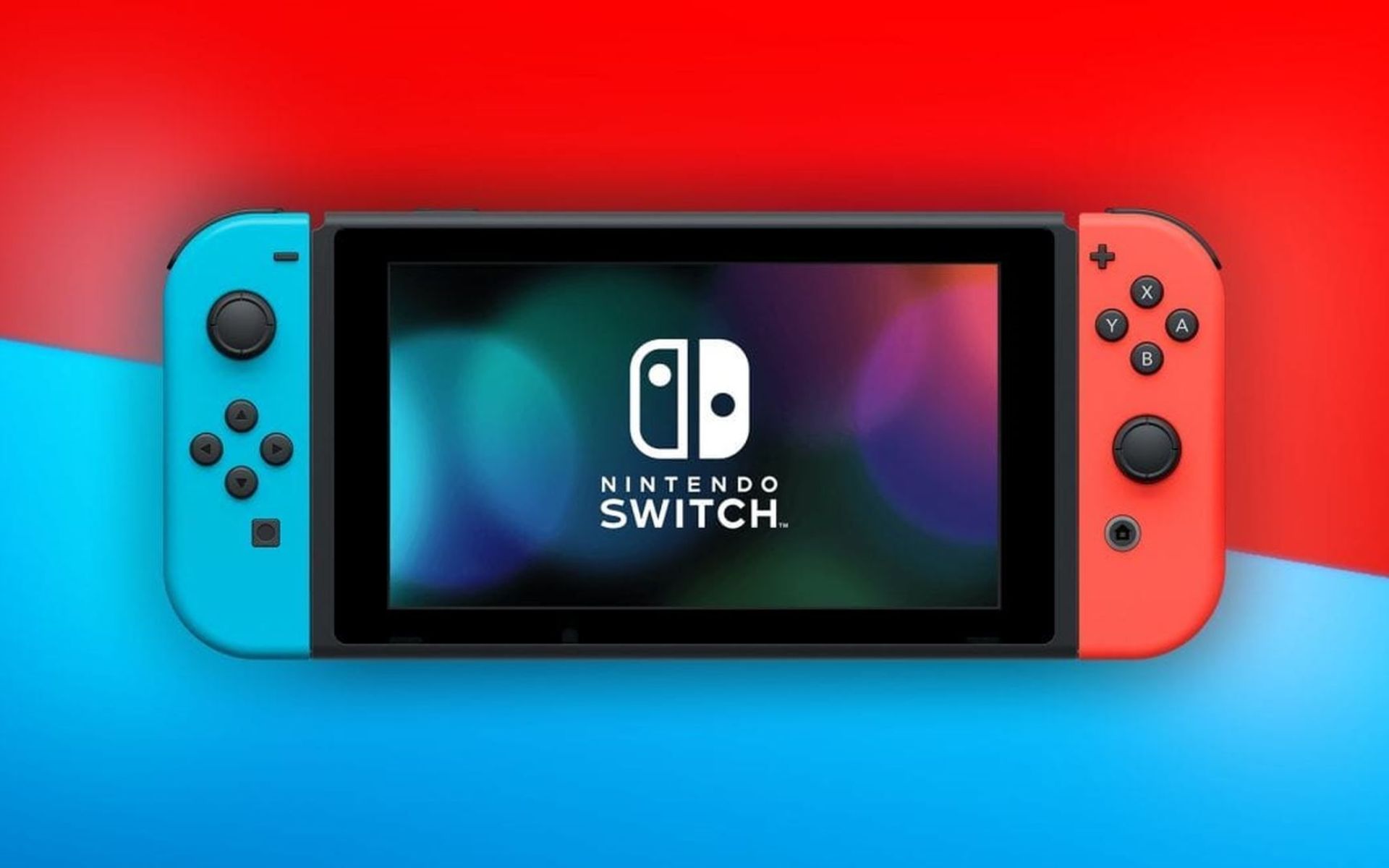 The Nintendo Switch over a blue and red background.