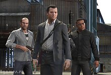 Micheal, Franklin, and Trevor holding guns in GTA 5.