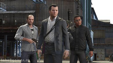 Micheal, Franklin, and Trevor holding guns in GTA 5.