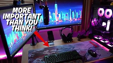A good looking gaming setup with accessories with a red arrow pointing towards the mouse -pad.