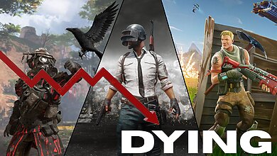 Apex Legends, PUBG and Fortnite side-by-side, as a red line chart showing decline portraying it's dying.