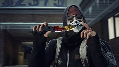 A CSGO game character holding on a knife and posing with it.