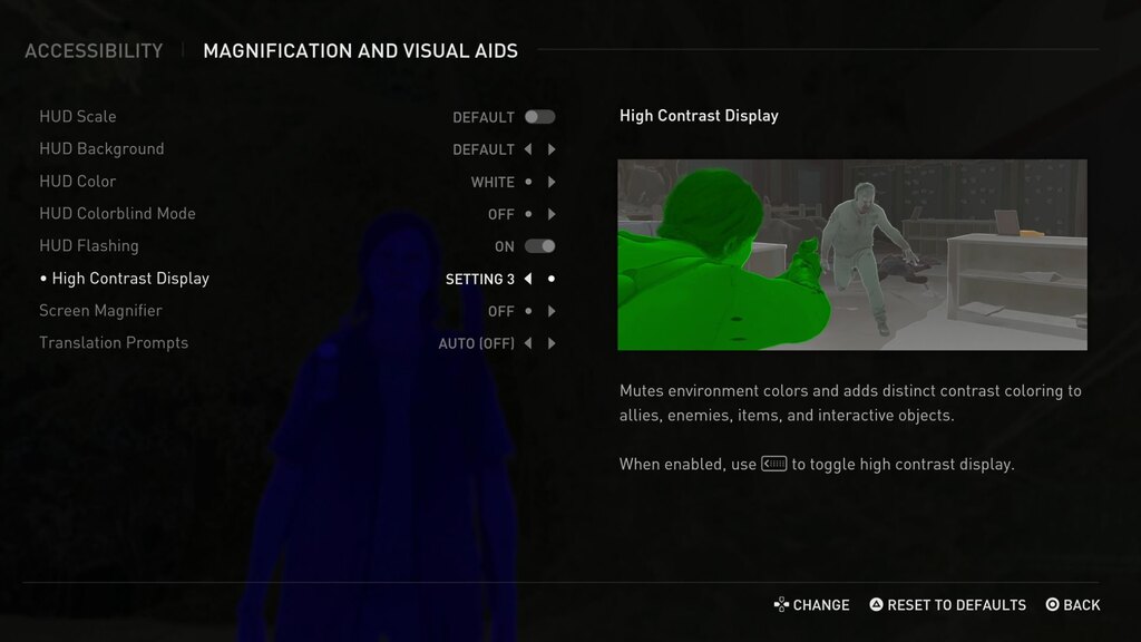 Accessibility menu with the subsection magnification and visual aids opened in the Last of Us 2 game settings.